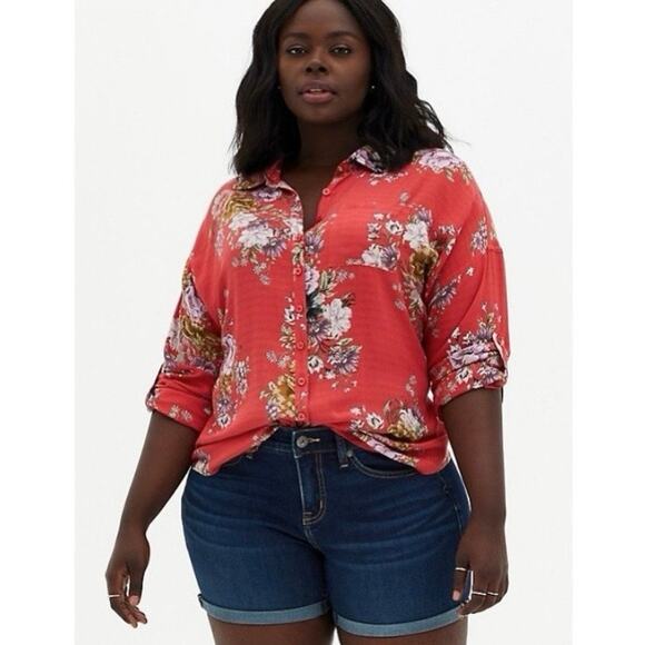 Torrid Red Floral Button Front Drop Shoulder Blouse - 2X - Picture 1 of 11